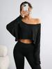2026 Women'S Black Long Sleeve Blouse T-shirt Casual Asymmetrical Neck Strapless Top for Sporty