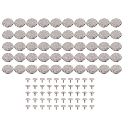 50 Set Pants Buttons Pins No Sew Removable 17mm Flower Pattern Stainless Steel Silver with 2x6.5mm P