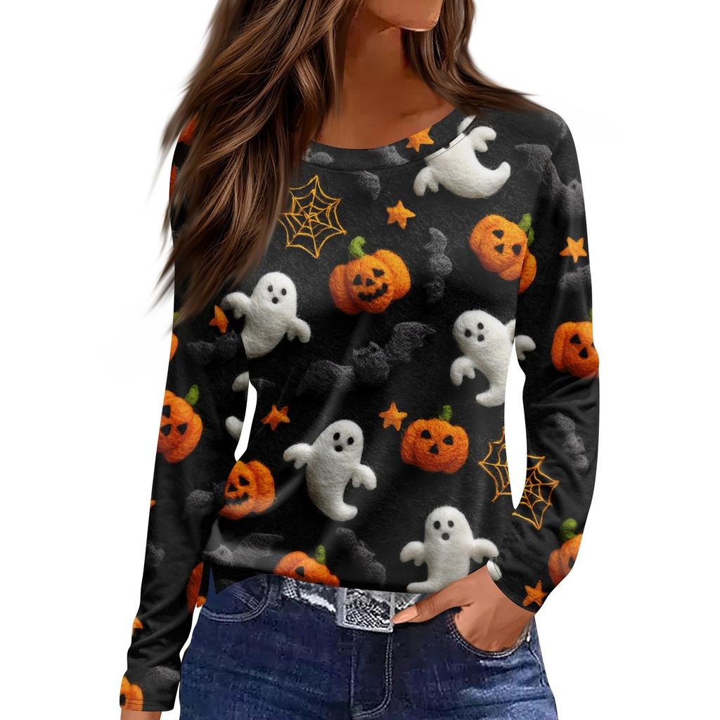 Mote Casual Langermet Trykk Rund Hals Pullover Topp Bluse for Kvinner