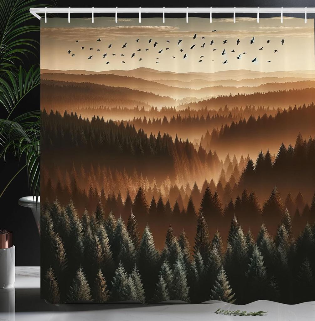 Aesthetic Boho Shower Curtain, Bold Exotic Leaves In Warm Tones, Rustic Burnt Orange Teal Blue, Fabric Set With Hooks