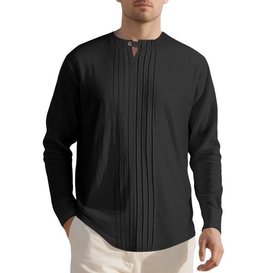 Men Shirt Round Neck Long Sleeve Loose Fit Shirt Pure Color Pleated Casual