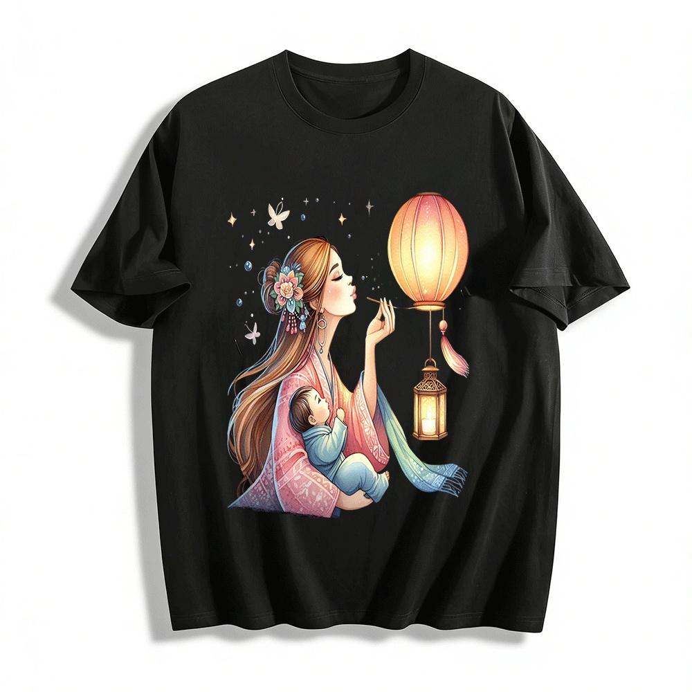 Vintage Lantern Mom And Baby Print Parent-child Top Pure cotton T-shirt XXS