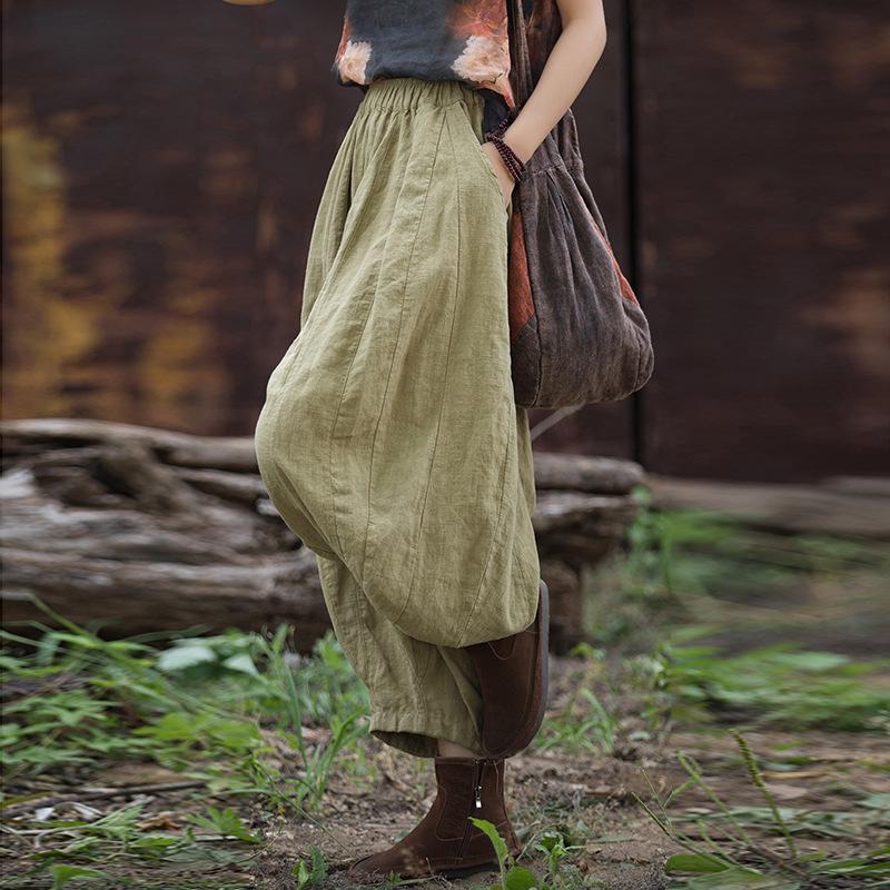 Ramie Cotton Distressed Patchwork Lantern Pants - Women's Spring/Summer Pumpkin Long Pants