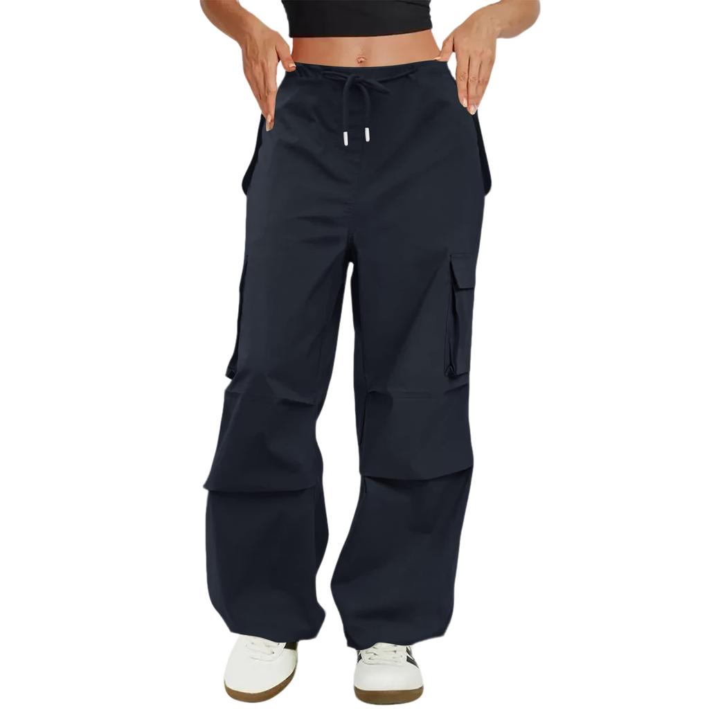 Women's Fashionable Solid Color Drawstring Elastic Waist Multi Pocket Workwear Casual Pants
