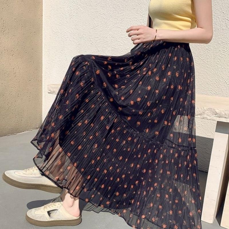 

Женская миди-юбка из сетчатого шифона с цветочным принтом - Весенне-летняя юбка до колена во французском стиле, скрывающая бедра, плиссированная юбка-зонт, многоярусная юбка-торт one size