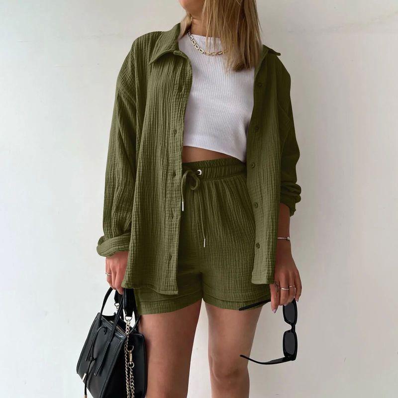 

Collar Long Sleeve Shirt Shorts Set Lapel Long Sleeve Shirt Shorts Suit Army Green S