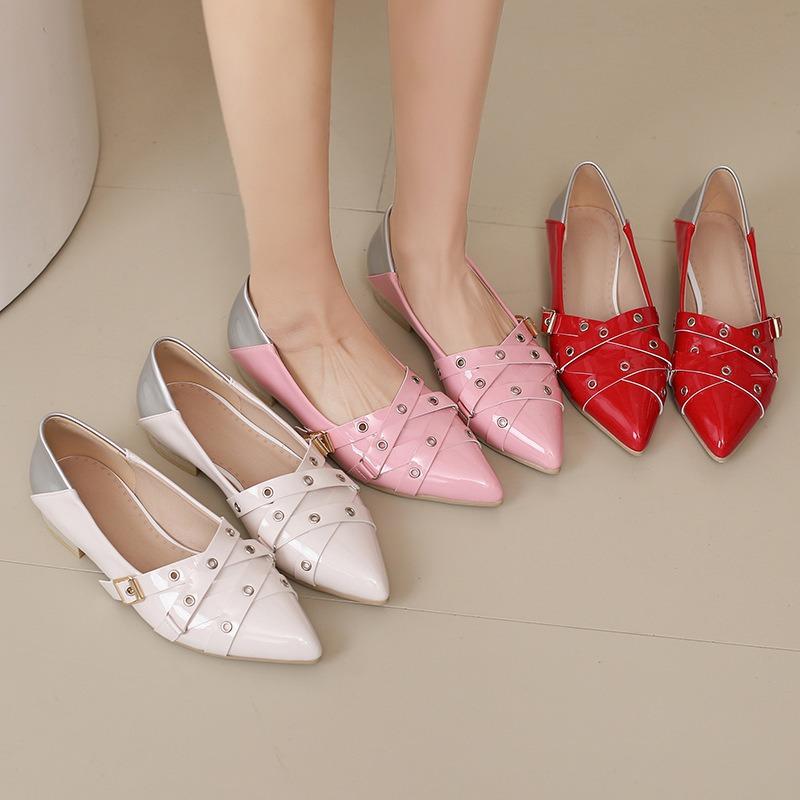 Spring Pointed Women's Shoes Flat-soled Single Shoes Rivet Belt Buckle Commuting Versatile Temperament Women's Single Shoes Comfortable College Style
