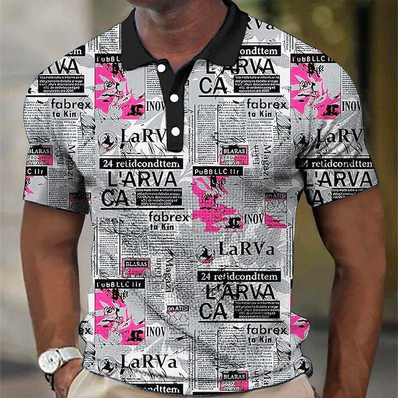 Polo Confortabil pentru Bărbați cu Imprimeu Retro de Ziar cu Imprimare Digitală 3D