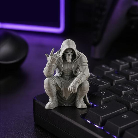 3D Printed Mini Hooded Skull Figurine, Dark Style Desktop Ornament, Cool Rock Gesture Skeleton Decor for Study Room E-Sports Room