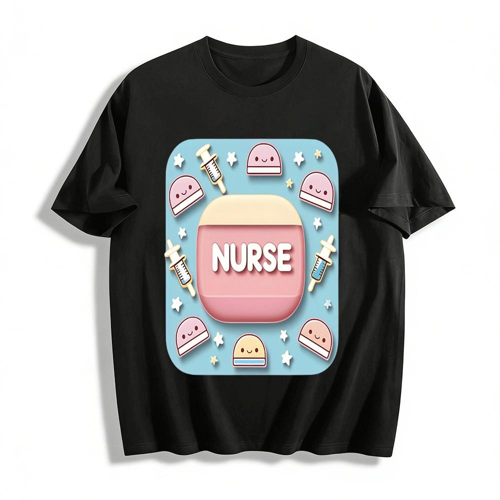 Cute Nurse Themed Fun Print Casual Loose Daily Top Pure cotton T-shirt XXS