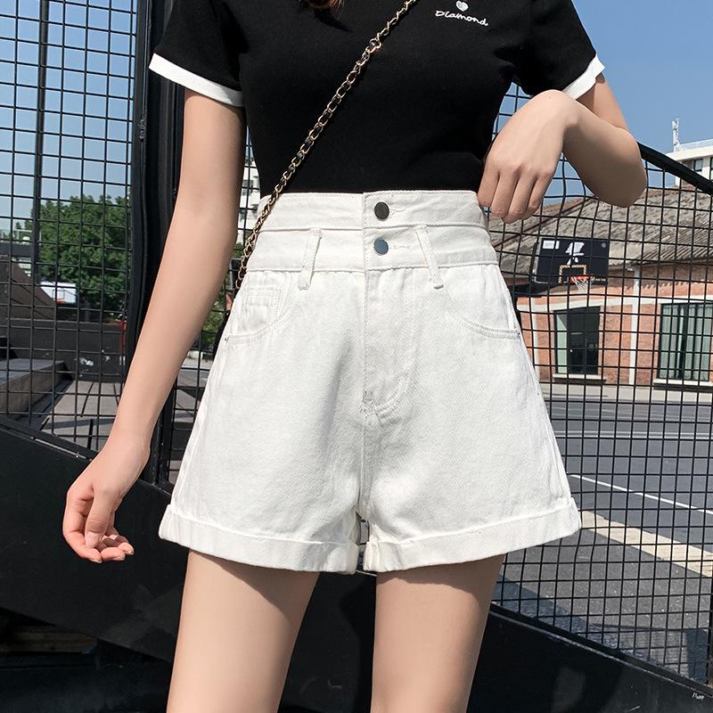 

Women s White High-Waisted Double Button Denim Shorts - Summer New Style, Loose Fit, Slimming Straight A-Line Wide Leg. XL білий