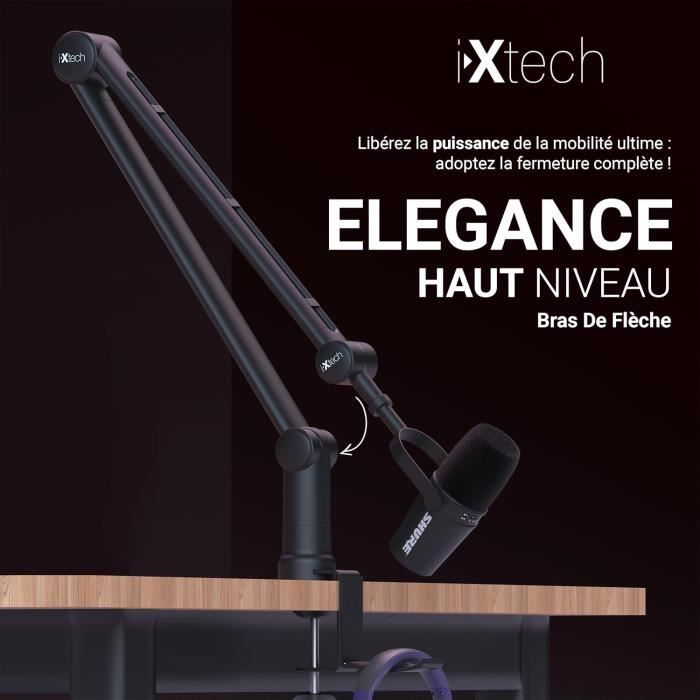 Bras de microphone - ixtech - acier inoxydable - articulé - compatible 5/8, 1/4, 3/8 - 360° pivotant