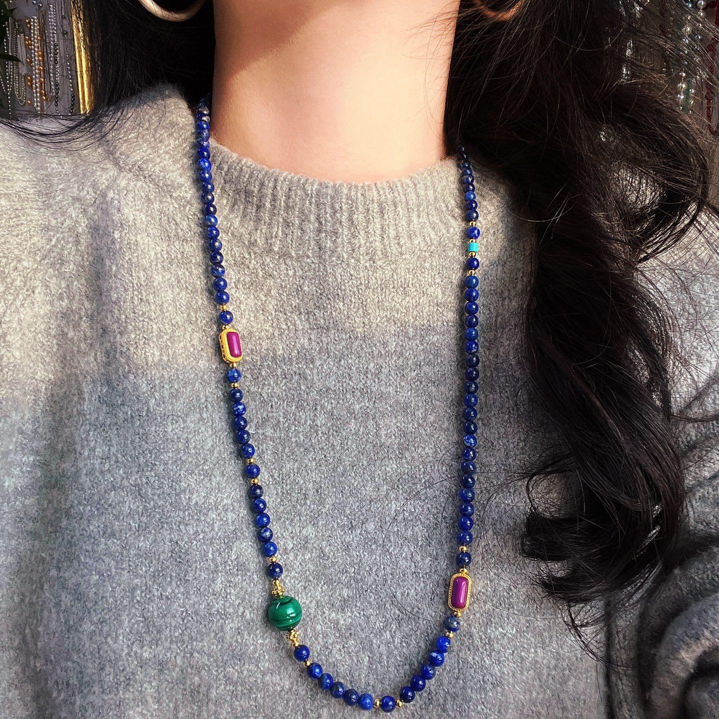 

Vintage High Quality Natural Lapis Lazuli Malachite Design Sense Sweater Chain Necklace Collarbone Chain Women