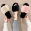Dames Pluizige Konijnenbont Open Teen Pantoffels - Effen Kleur, Casual Huisstijl