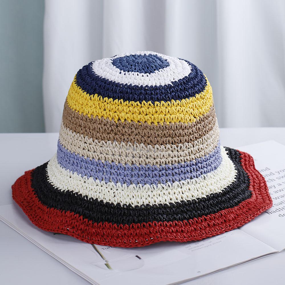 2021 Womens Straw Hat Rainbow Crochet Hand-made  Panamas UV Protection Sun Visor Beach Hats Women Visors Foldable Summer Sun Hat