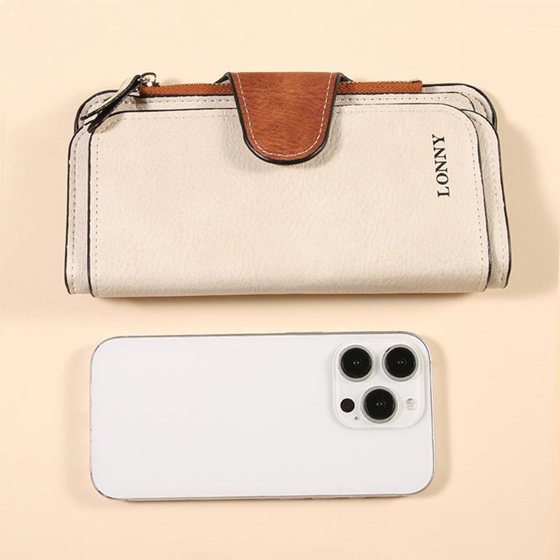 Women Long Wallet Money Clip PU Leather 3 Fold Women's Wallets Clutch Color Blocking Retro Coin Purse Card Holder