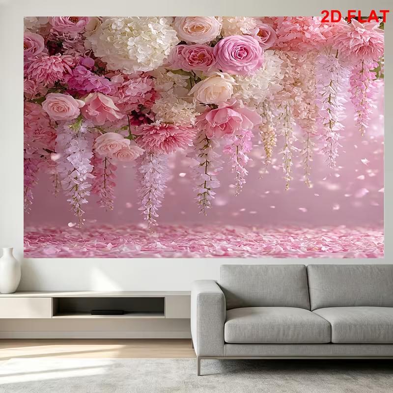 2D Soft Pink Hydrangea & Rose Background Cloth for Wedding & Bridal Events Photo Booth Prop