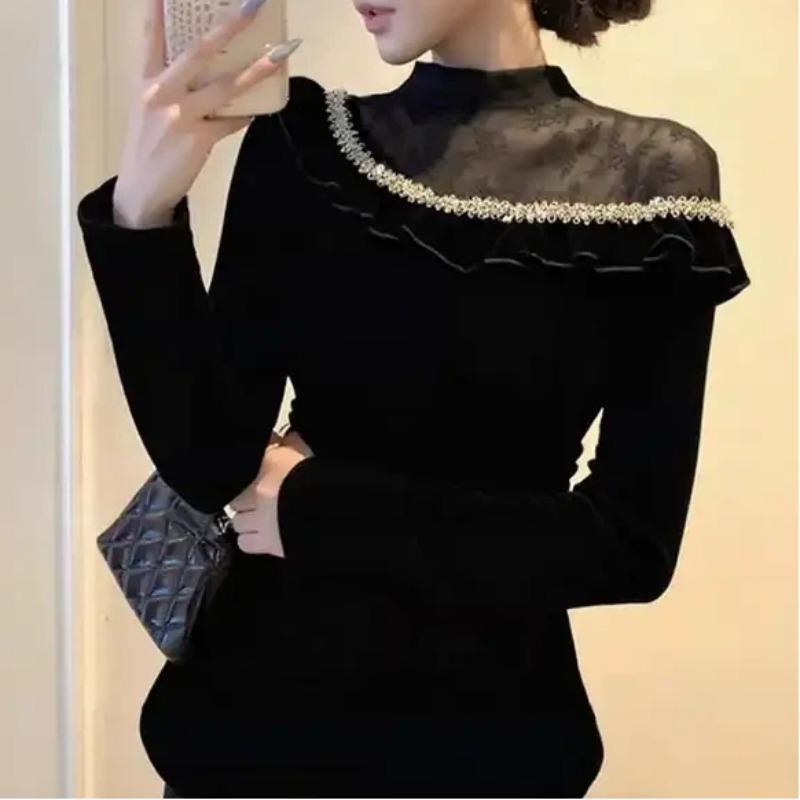 Black Spliced Velvet Bottoming Shirt For Women Fall Winter Elegant Long Sleeve Inner Top