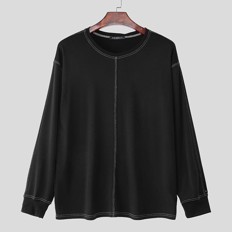 

INCERUN Autumn Men Round Neck Long Sleeve Solid Pullover Tops T-shirts S чёрный