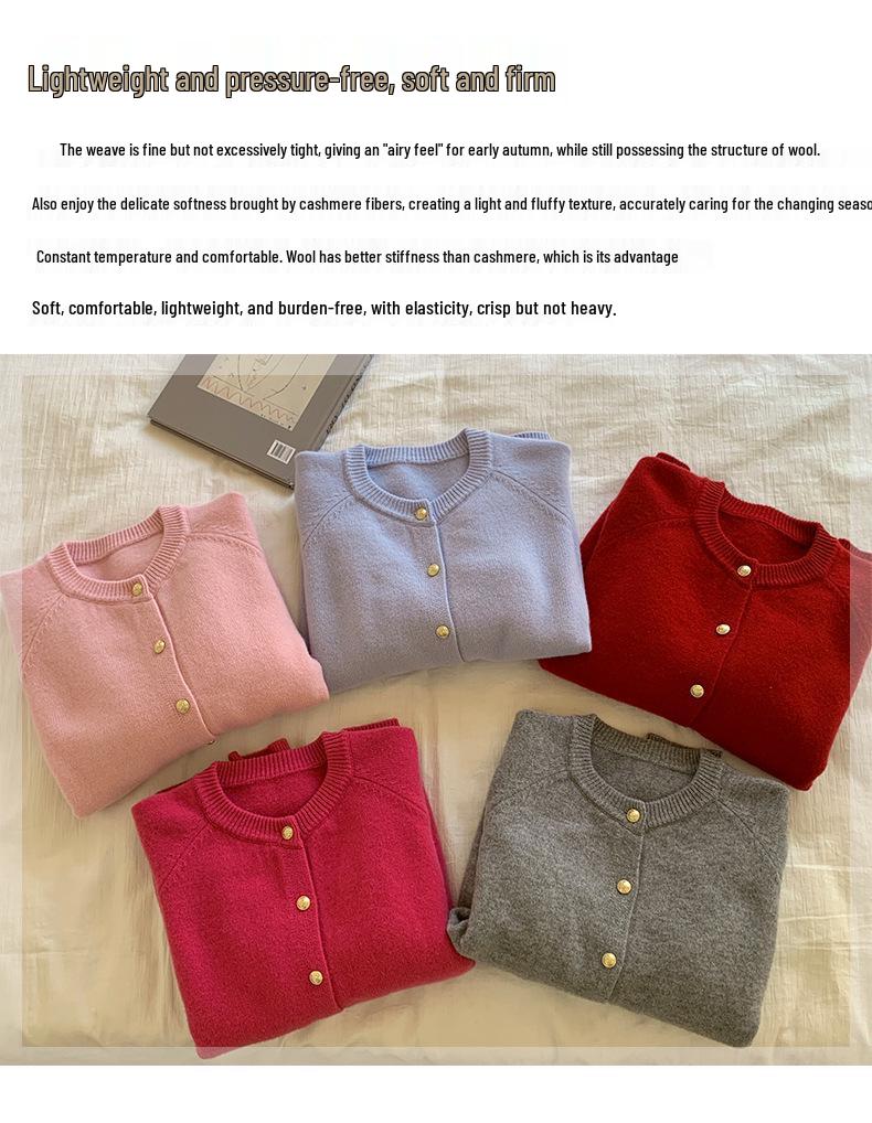Gold Buckle Raglan Sleeve Wool Cardigan - Women's Pure Color Loose Knit, Long Sleeve Sweater Outerwear for Autumn-Winter.