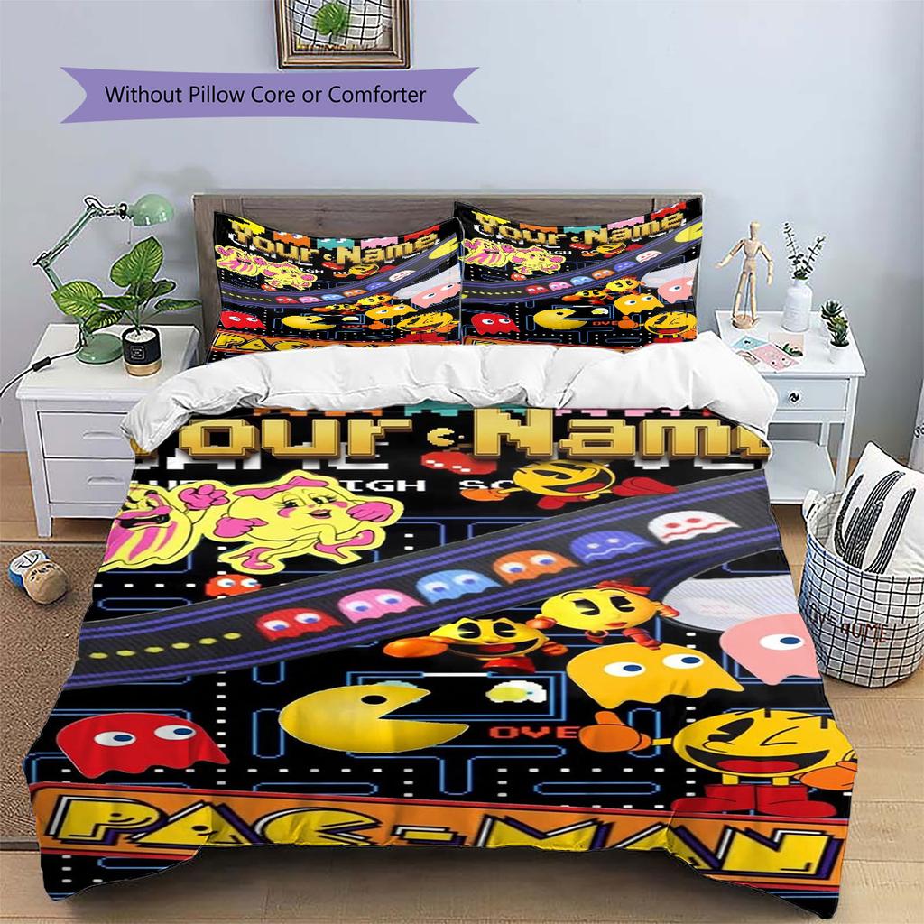 Pac-Man Custom Name Pattern Bedding,Quilt Set Quilt Cover Pillowcase Home Birthday Gift(1 * Duvet Cover + 2 * Pillowcase, Without Core)