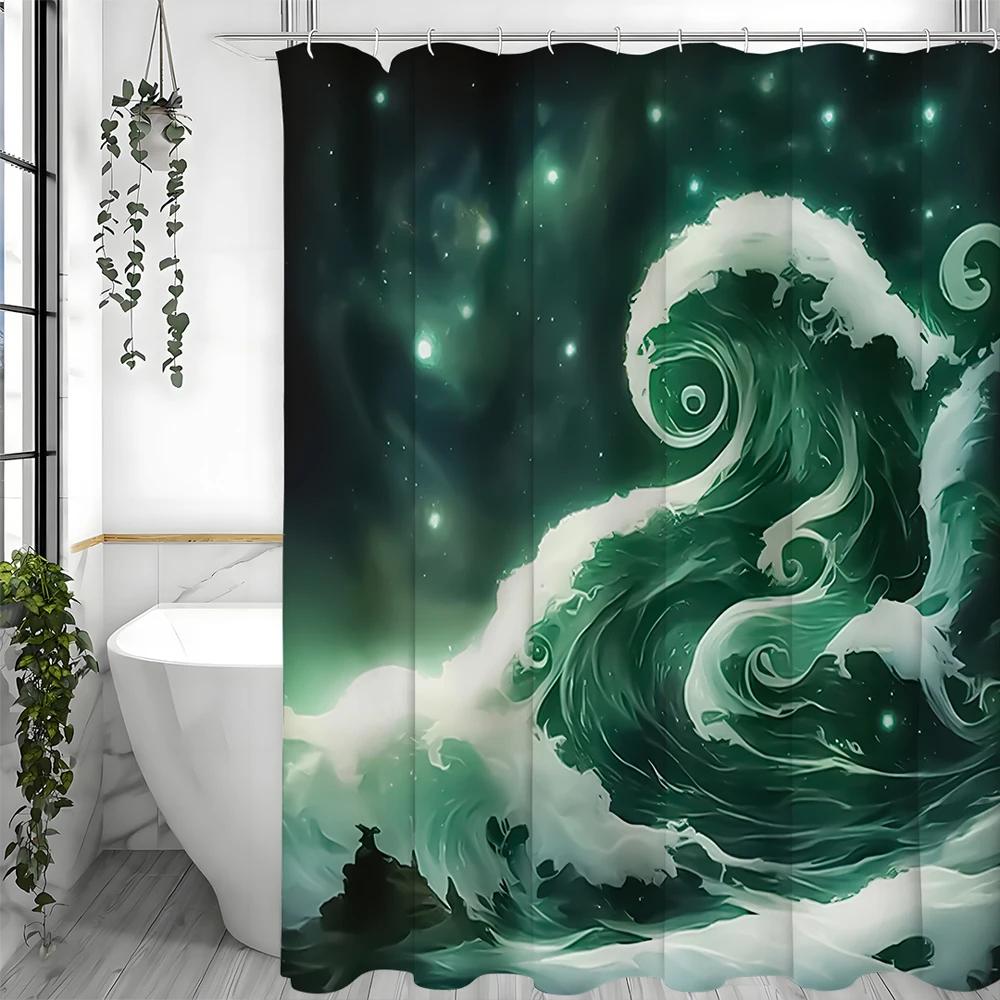 Welle Grün Duschvorhang, Badezimmer Dekorativer Duschvorhang, Wasserdichter Duschvorhang mit Haken