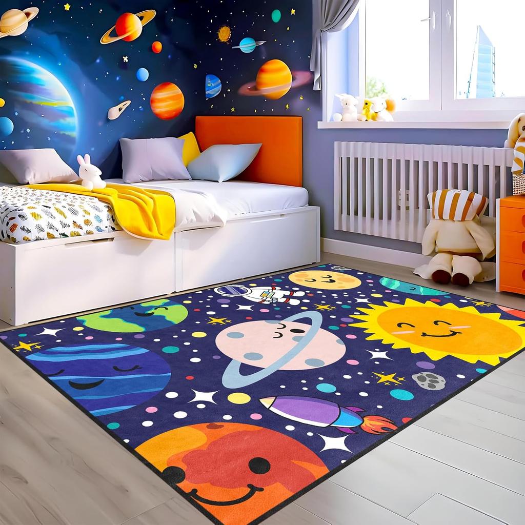 Solar System Kids Rug - Galaxy Themed Playroom Carpet, Non-Slip Planet Print Floor Mat for Boys/Girls Bedroom, Classroom  Dec