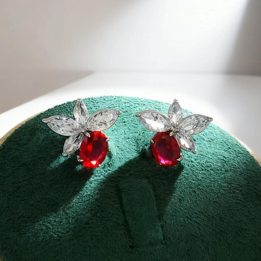 Jewelry Earrings Imitation Royal Sapphire Flower Colored Treasure Stud Earrings Retro Simple Butterfly Stud Earrings Women'S