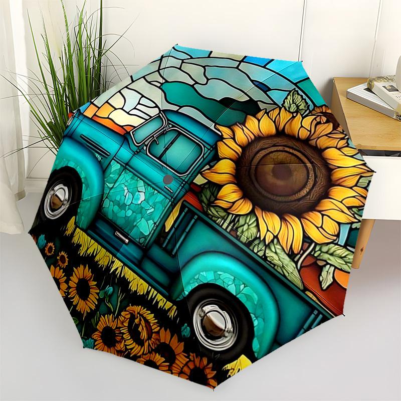 1pc Stained Glass Sunflower Pickup Truck Auto Open Close Umbrella - Portable 3-Fold Design with 8-Rib Iron Frame - Outdoor Umbrella - Ideal Gift for F