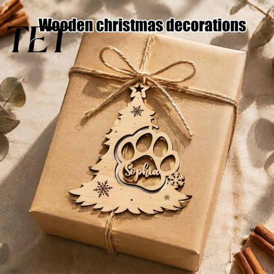 Holiday Gifts for Pet Lovers Wood Christmas Tree Pendant with Paw Print, Hollow Engraved Hanging Rustic Decor Home Ornament, Style Craft Party