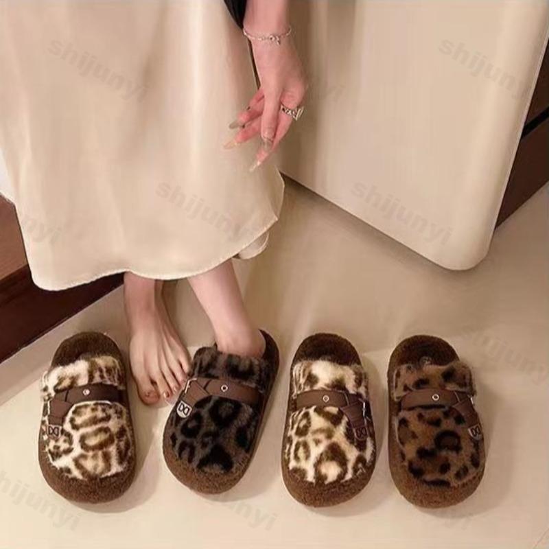 Fashion Leopard Print Fashion Casual Warm Thick Sole Cotton Slippers for Women 2025 Winter New Comfortable Slip on Chunky Plush Draggers