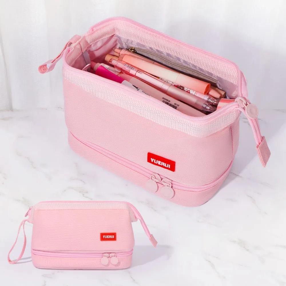 Simple Oxford Cloth Pencil Bag Double-layer Multifunctional Stationery Bag Portable Large Capacity Pen Case Gift