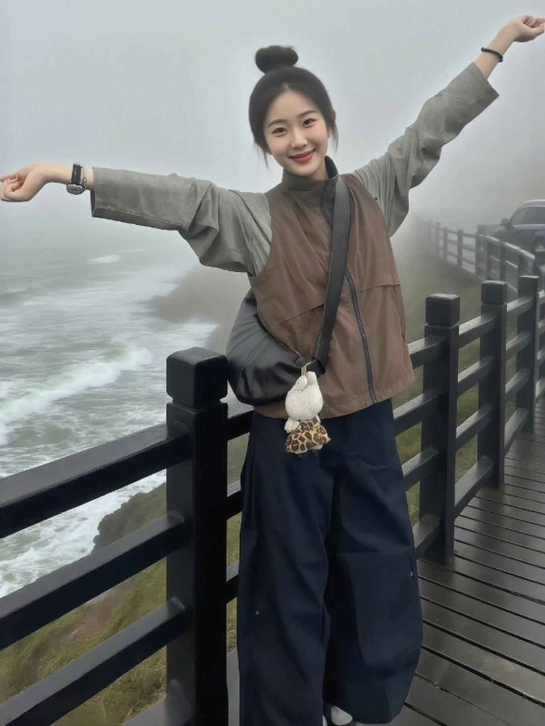 

Spring Plus Size Workwear Fashion: Layered Top, Vest & Wide-Leg Pants Set for Chubby Girls XXL (Recommended 130-145 jin)