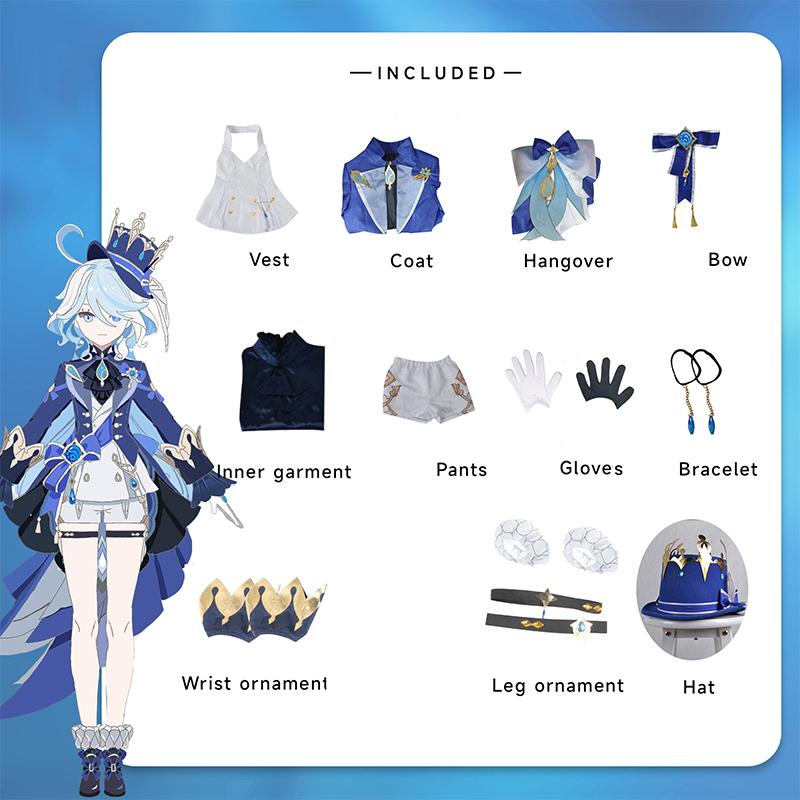 Genshin Impact Furina Cosplay Kostüm Fontaine Wassergott Focalors Halloween Kostüm Frauen Party Rollenspiel Blau Uniform