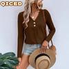 Women's Fashion Casual Solid Color Print Long Sleeve V Neck Blouses & Shirts
