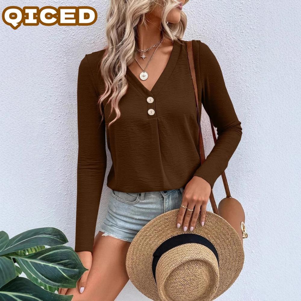 QICED Camicette e camicie da donna con scollo a V, maniche lunghe, stampa tinta unita casual alla moda