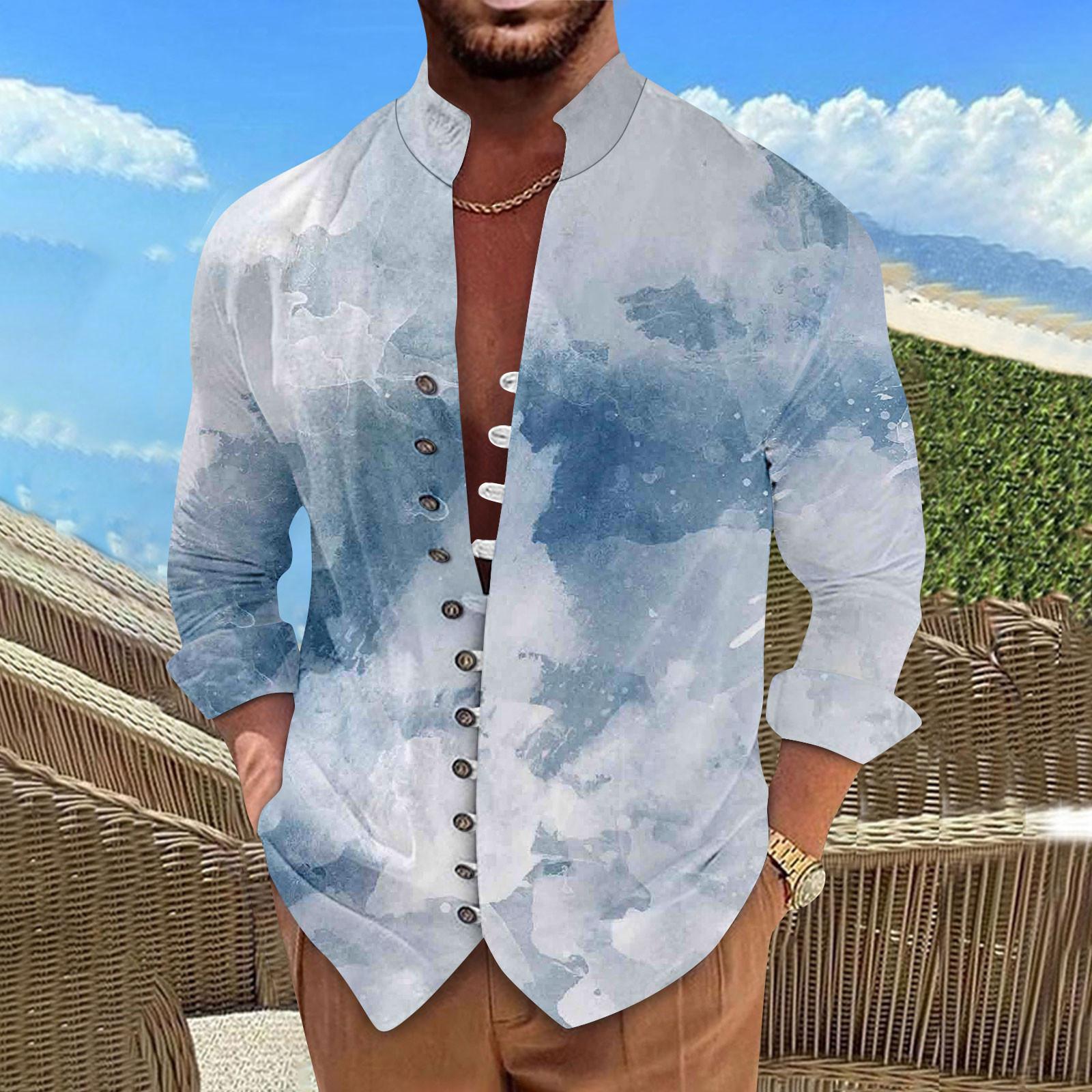 

Мужская ретро повседневная свободная рубашка с длинными рукавами и принтом, модный топ с воротником-стойкой L