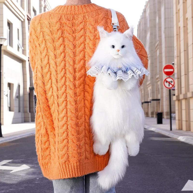 Fashion White Cat Bag Plush Girl Backpack Super Cute Trendy Pure Handmade Simulation Cat Shopping Bag Birthday Gifts For Kids