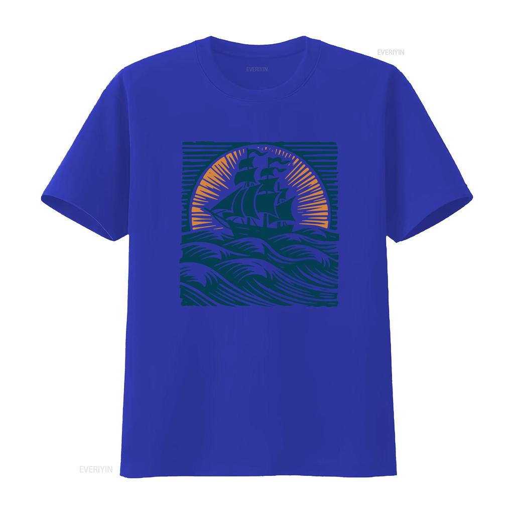 Vintage Nautical Sailing Ship Sunset Ocean Wave Print Casual T Shirt Vintage Washed Designer Clothes Stretched Unisex