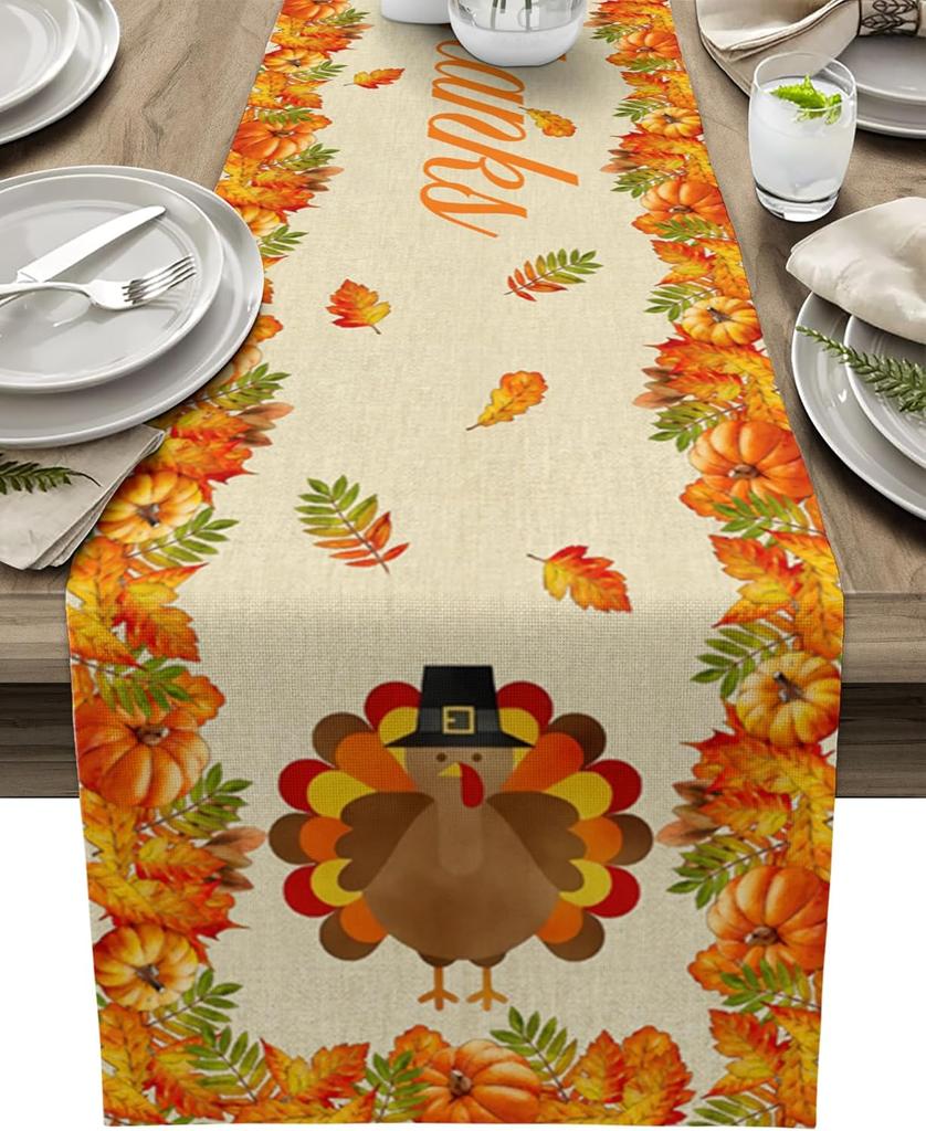 Fall Maple Leaf Pumpkin Turkey Linen Table Runner Party Decor Reusable Kitchen Dining Table Runner Thanksgiving Decorations