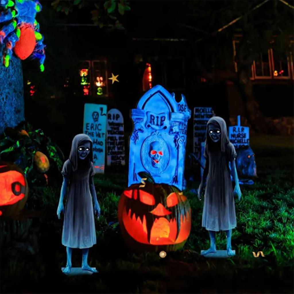 Horror Twin Girls Halloween Yard Stakes 15.75in Rustproof Iron Lawn Decorations For Outdoor Cemetery Party Supplies