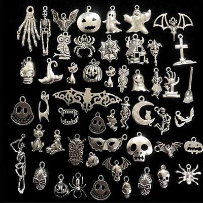 50Pcs Mixed Halloween Bat Skeleton Silver Charms Pendants Diy Jewelry Making