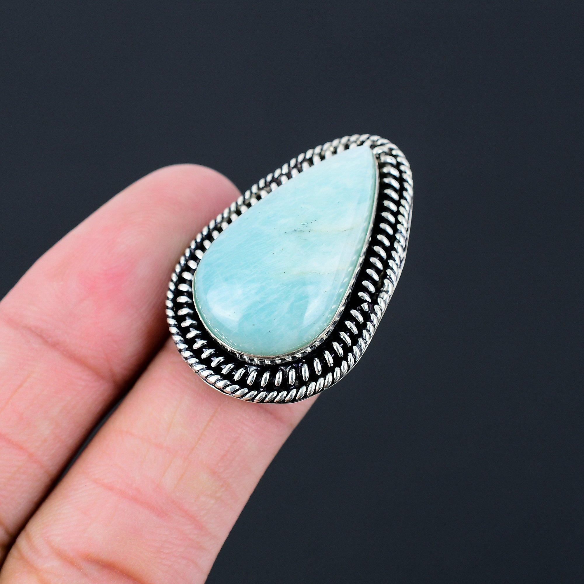 Sisters Day Deal Pear Amazonite Stone Anniversary Promise Ring 925 Silver US 7.5 7.5