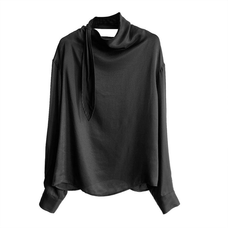 Ju Zhi 2024 Autumn Chic Slimming Irregular Drape Ribbon Shirt for Women 4533