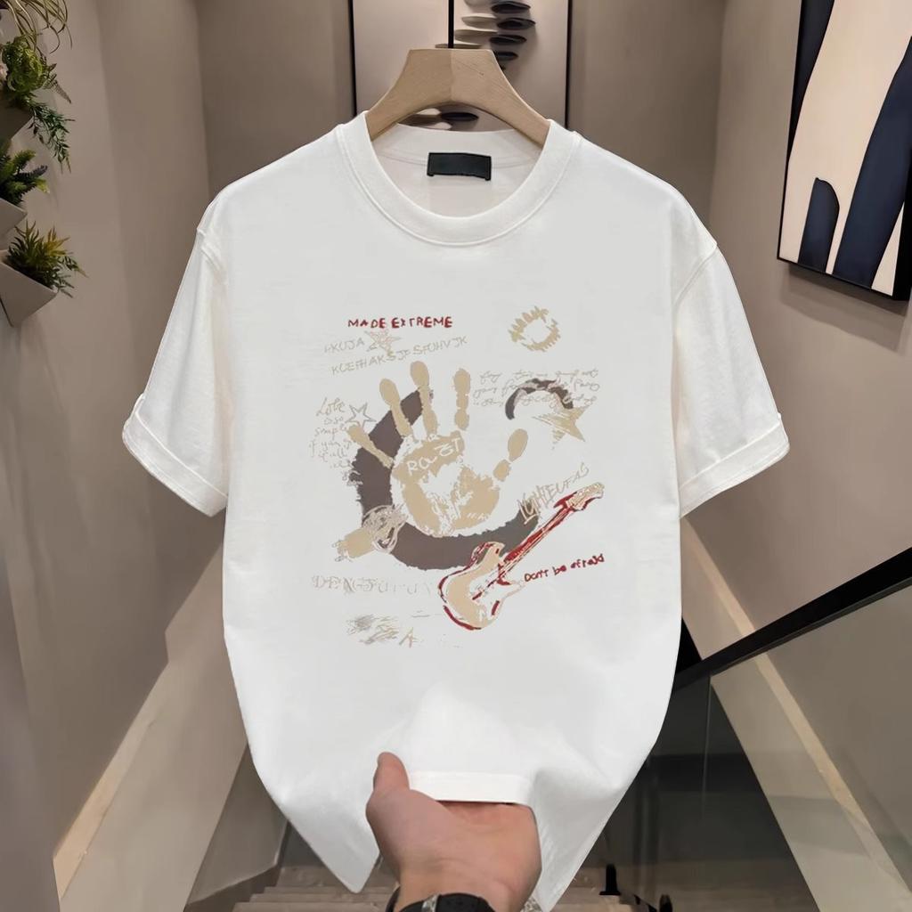 Heavy 100% Cotton Short-Sleeved T-Shirt Men'S Hong Kong Style Trend Printed Half-Sleeved Loose Couple T-Shirt