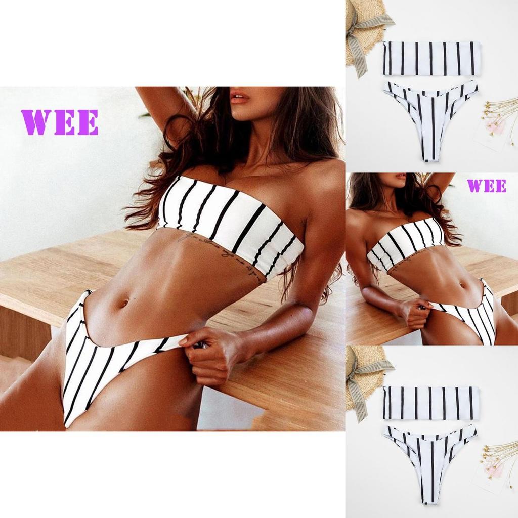 Elegantes Schwarz-Weiß-Gestreiftes Damen-Bikini-Set Mit Push-up Polsterung Und Schleifen-Design