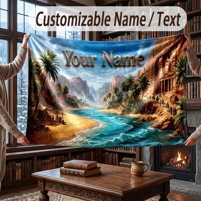 Mountain Landscape Theme Throw Blanket Custom Name Text Personalized Blanket Soft Cozy Blanket for Home Sofa Bed