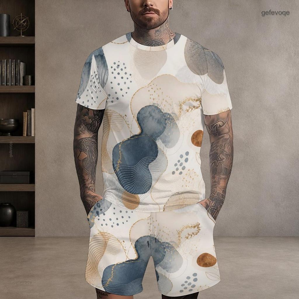 Men Plus Size Printed Round Neck Short Sleeve Top Drawstring Pocket Shorts Two Piece Set