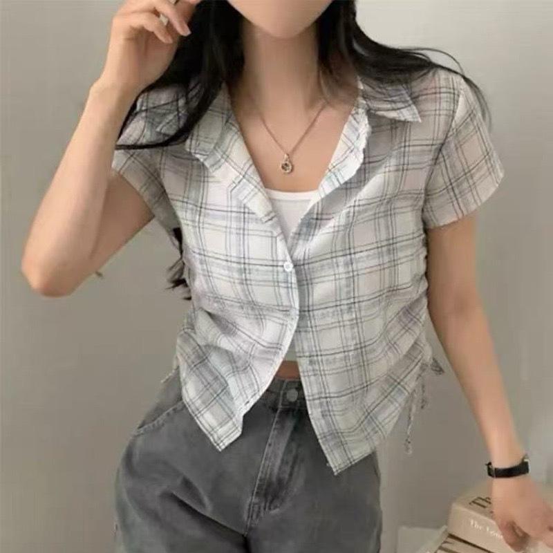 Women's Korean Style Plaid Short-Sleeve Shirt with Gathered Hem and Drawstring for a Youthful Look