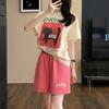 Academic style Casual sports suits for women summer Korean cartoon print loose short-sleeved t shirt and shorts y2k Running two-piece set young girl